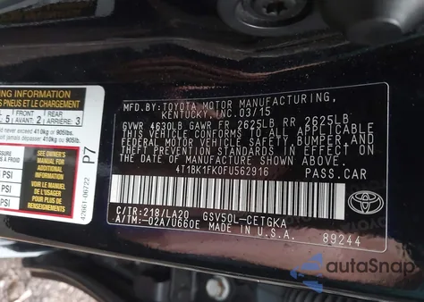 2015 Toyota Camry Xle V6 из США, поврежденный, VIN 4T1BK1FK0FU562916